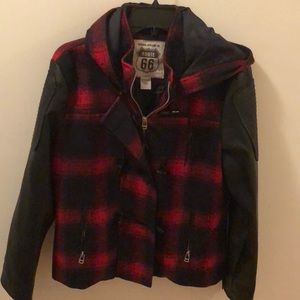Hooded plaid jacket with faux leather sleeves